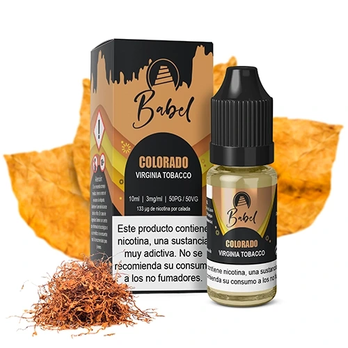 Frasco de Babel Colorado con tapón negro junto a su caja, con el texto Virginia Tobacco, hojas de tabaco y una pequeña pila de hebras.
