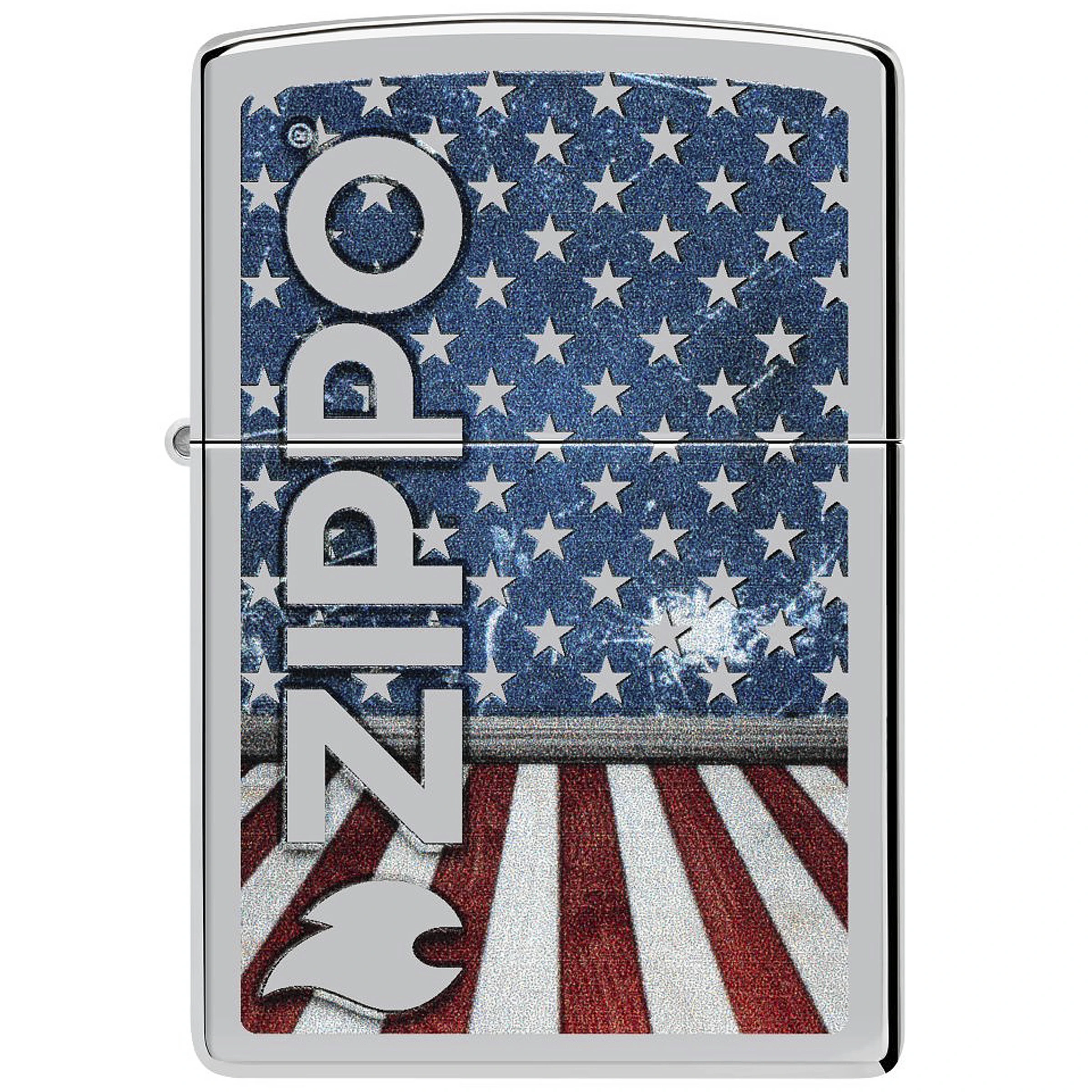 Encendedor Zippo cerrado, con bordes plateados, bandera estadounidense de aspecto desgastado y el logotipo vertical en el frontal.