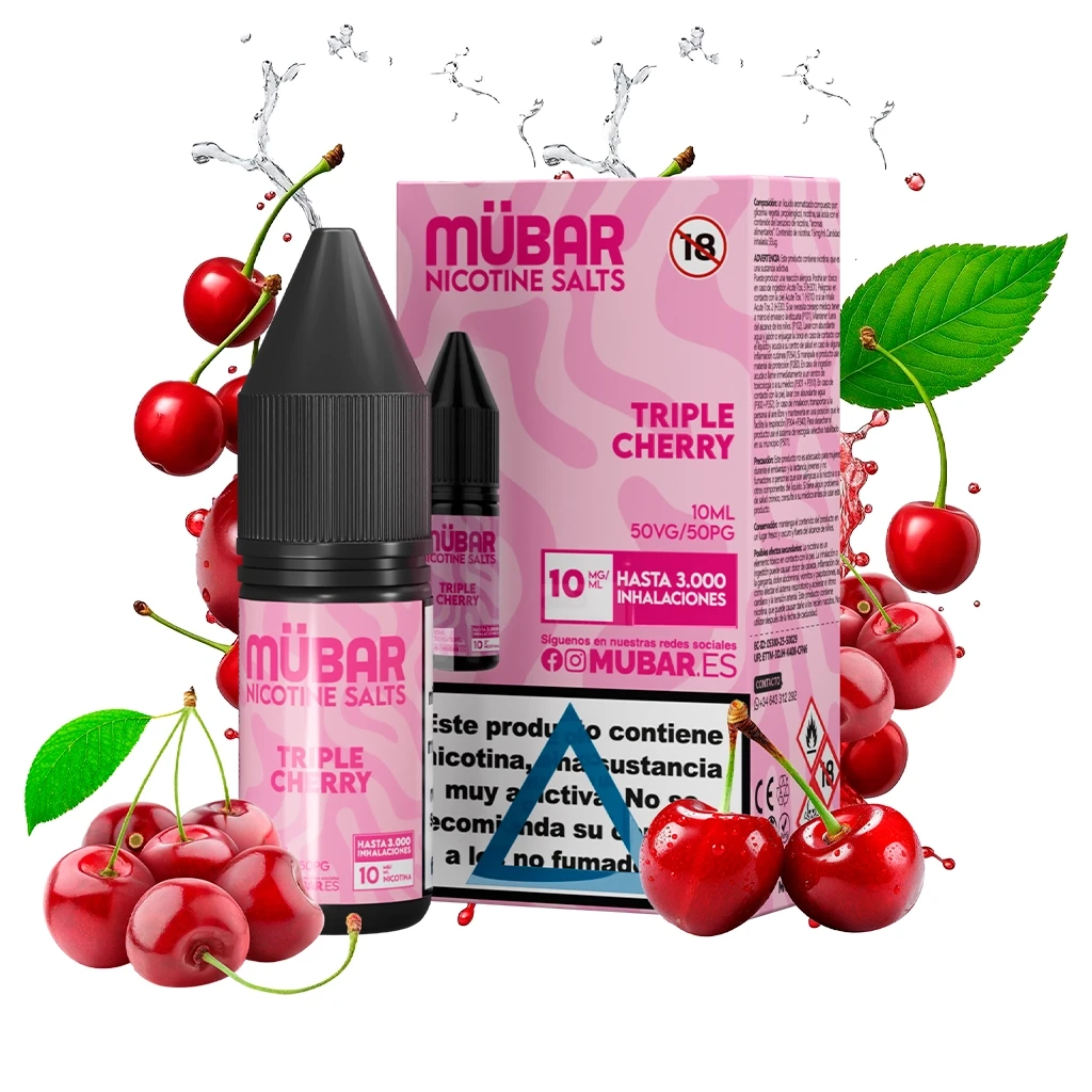Frasco y caja rosa de Mübar Salts Triple Cherry, con indicaciones de 10 ml y 10 mg/ml, rodeados de cerezas y salpicaduras.