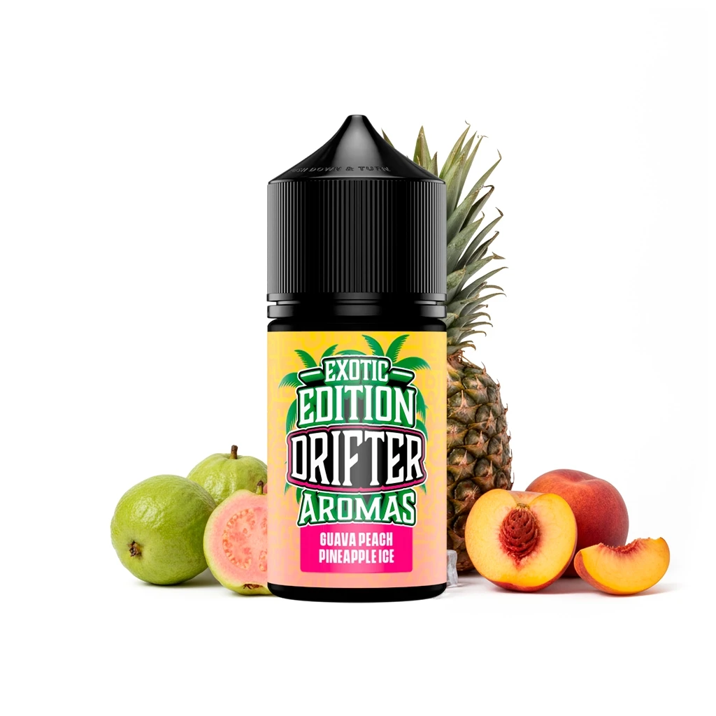 Frasco de Drifter Exotic Guava Peach Pineapple Ice con tapón negro, rodeado de guayabas, piña y melocotones sobre fondo blanco.