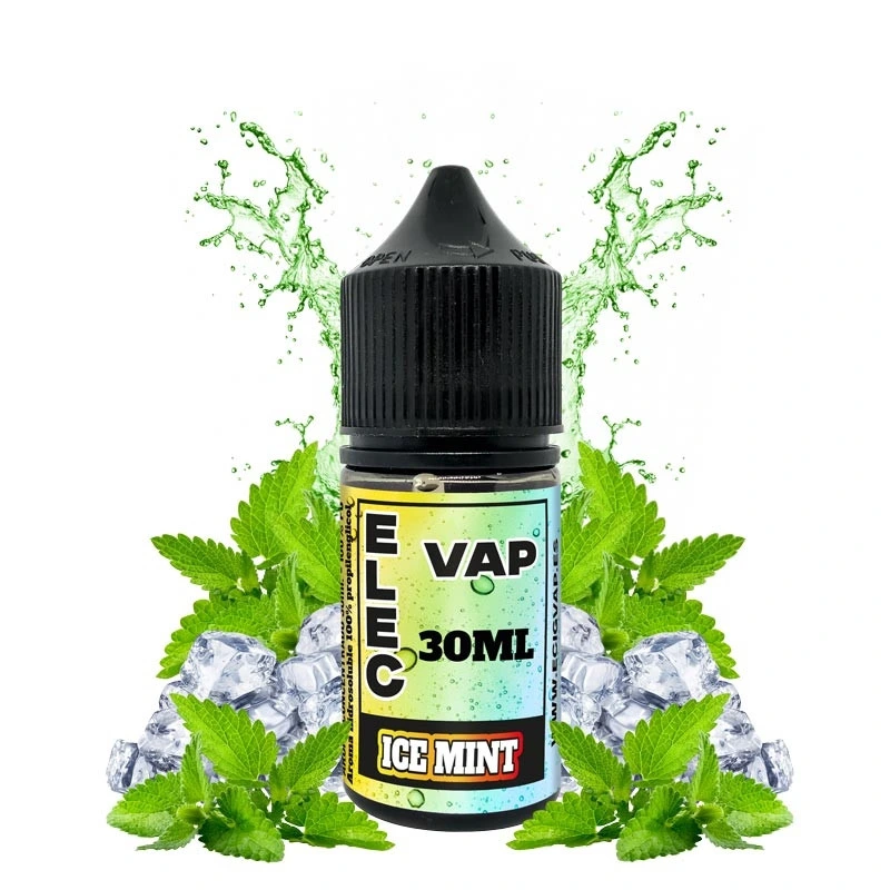 Frasco de aroma Ice Mint de Elecvap de 30 ml con tapón negro, rodeado de hojas de menta, cubitos de hielo y salpicaduras verdes.