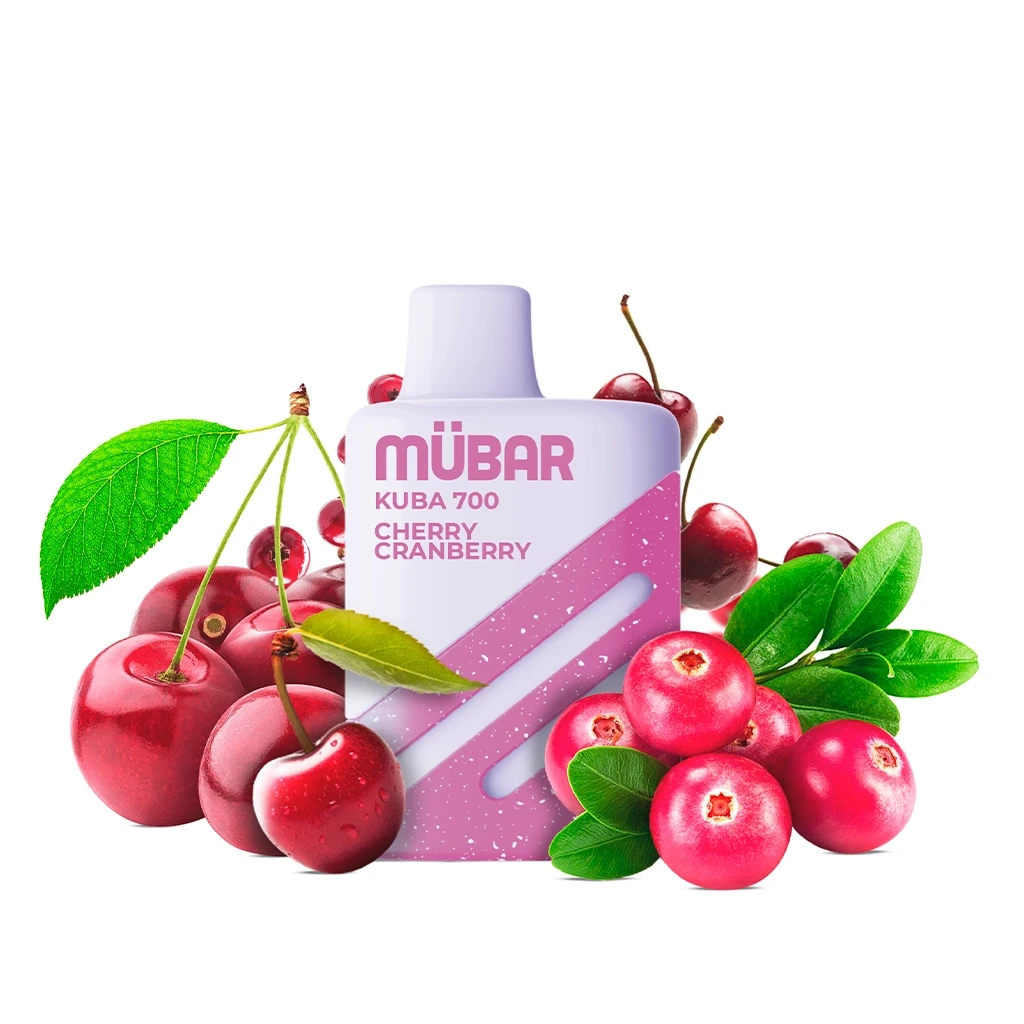 Mübar Kuba 700 blanco y rosa con el texto Cherry Cranberry, rodeado de cerezas, arándanos rojos y hojas verdes sobre fondo blanco.