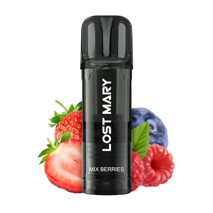 Pod Lost Mary negro con boquilla translúcida y texto Mix Berries, rodeado de fresas, frambuesas y un arándano sobre fondo blanco.