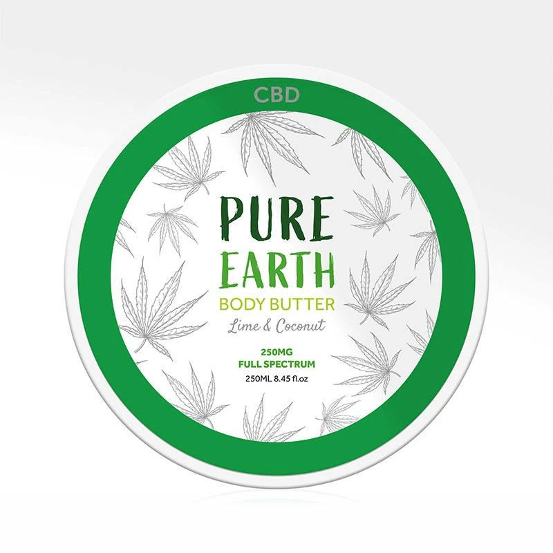 Envase circular de crema corporal con borde verde, dibujos de hojas y etiqueta Pure Earth Body Butter, Lime & Coconut y CBD.