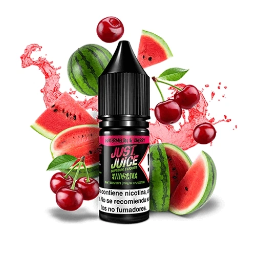 Frasco negro de Just Juice Watermelon & Cherry con advertencia de nicotina, rodeado de sandías, cerezas y salpicaduras rojas.