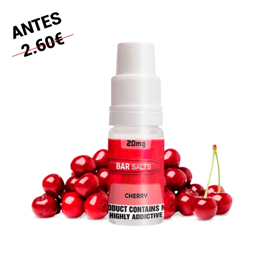 Frasco Bar Salts Cherry con tapón blanco y etiqueta roja marcada 20 mg, rodeado de cerezas sobre fondo blanco.