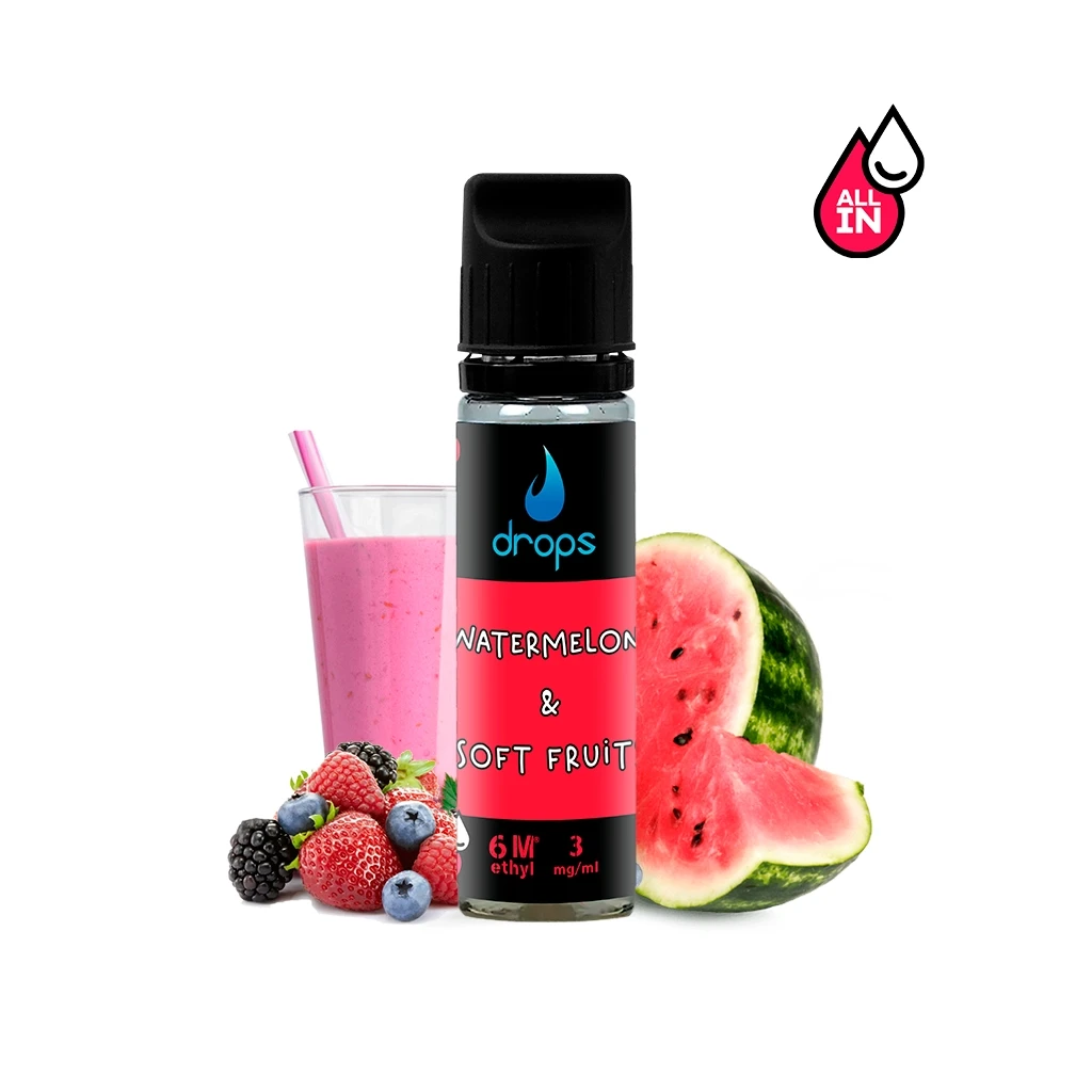 Frasco Drops Watermelon & Soft Fruit con etiqueta rosa y negra, junto a sandía, frutos rojos y un vaso de bebida rosa.