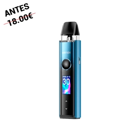 Geekvape Wenax Q Pro azul con boquilla negra, botón circular y pantalla frontal encendida que muestra el número 30, sobre fondo blanco.