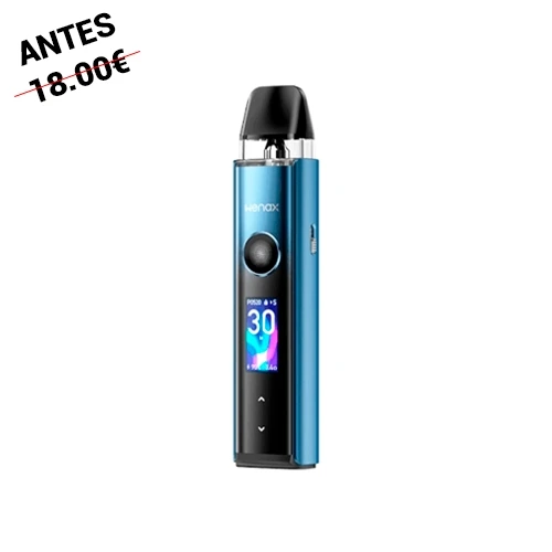 Geekvape Wenax Q Pro azul con boquilla negra, botón circular y pantalla frontal encendida que muestra el número 30, sobre fondo blanco.