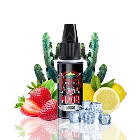 Frasco de aroma Maori Moko con tapón negro, rodeado de fresas, limones, cactus y cubitos de hielo sobre fondo blanco.