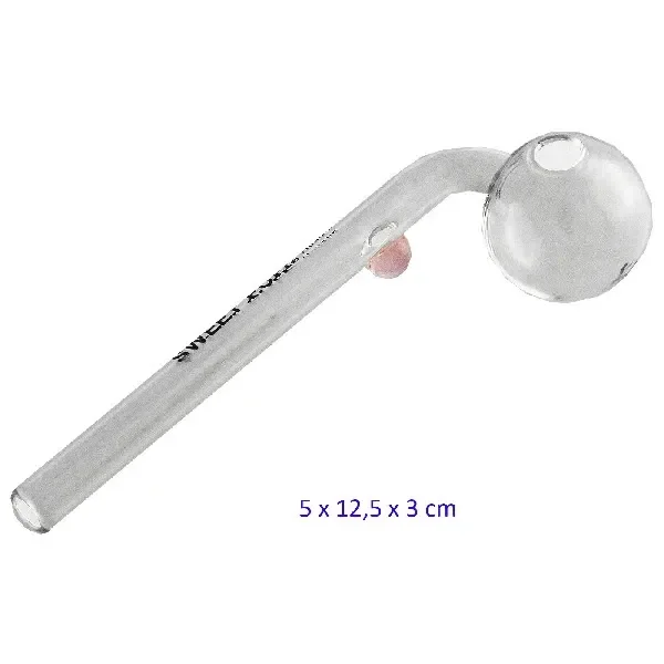 Pipa de cristal transparente en diagonal, con tubo alargado curvado y cazoleta esférica con abertura superior sobre fondo blanco.