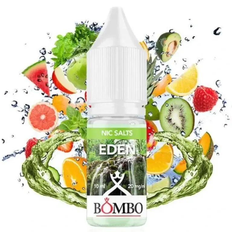 Frasco de Eden Bombo Nic Salts de 20 mg/ml, con tapón blanco y etiqueta verde, rodeado de frutas y salpicaduras.