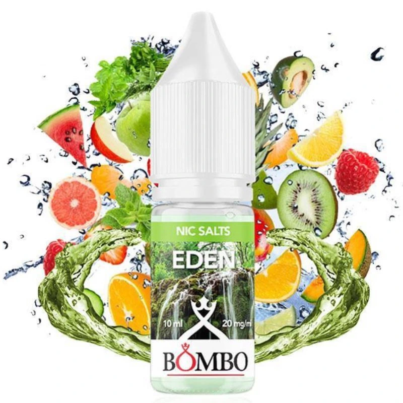 Frasco de Eden Bombo Nic Salts de 20 mg/ml, con tapón blanco y etiqueta verde, rodeado de frutas y salpicaduras.