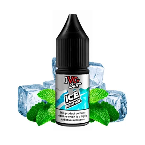 Frasco de IVG Salts Ice Menthol con tapón negro y etiqueta turquesa, acompañado de cubitos de hielo y hojas de menta.
