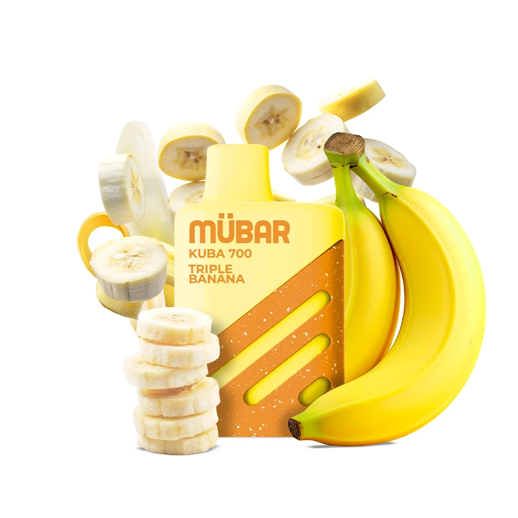 Vaper Mübar Kuba 700 Triple Banana amarillo y naranja, rodeado de plátanos enteros y rodajas sobre fondo blanco.