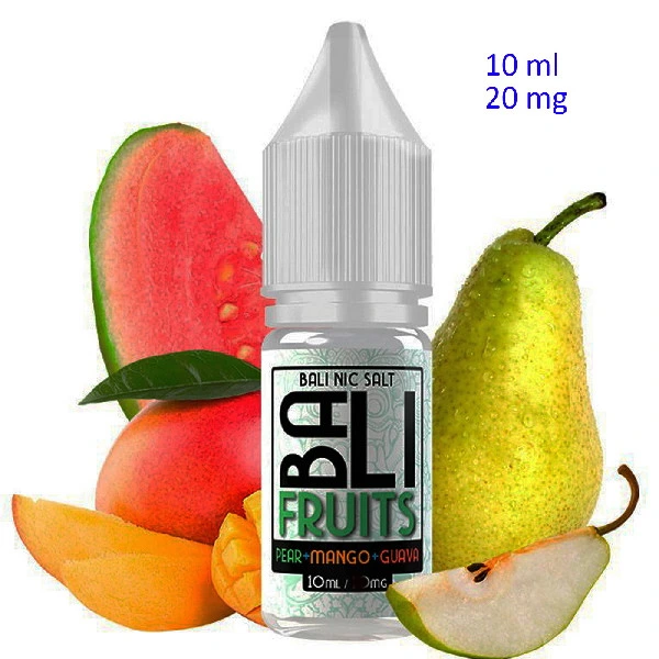 Frasco Bali Fruits Pear + Mango + Guava con tapón gris, rodeado de pera, mango y guayaba; texto de 10 ml y 20 mg.