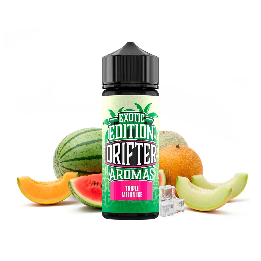 Bote Drifter Exotic Triple Melon Ice con tapón negro y etiqueta verde, rodeado de sandía, distintos melones y cubitos de hielo.