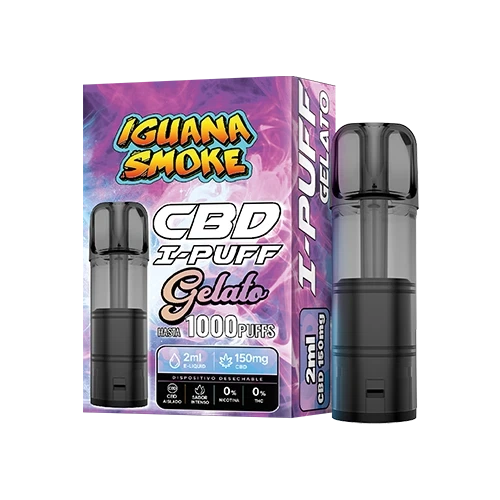 Vapeador CBD I-PUFF Gelato de Iguana Smoke junto a su caja violeta y rosa, con cuerpo negro y depósito translúcido sobre fondo negro.