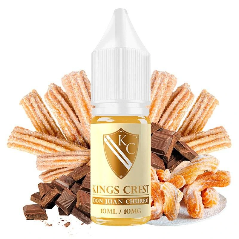 Frasco de Don Juan Churro de Kings Crest con tapón blanco y etiqueta dorada, rodeado de churros y trozos de chocolate.