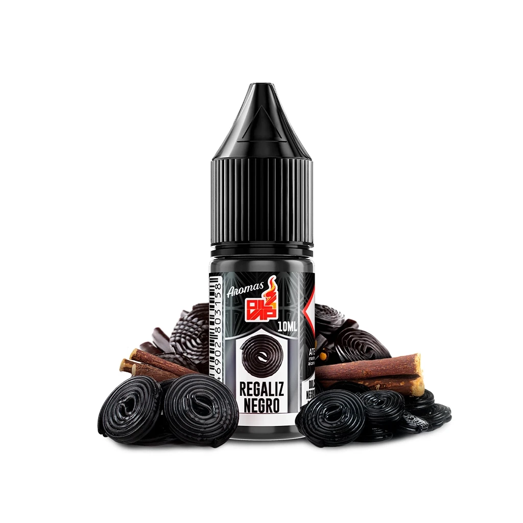 Frasco de aroma Oil4Vap Regaliz Negro de 10 ml con tapón negro, rodeado de espirales de regaliz y palos marrones sobre fondo blanco.