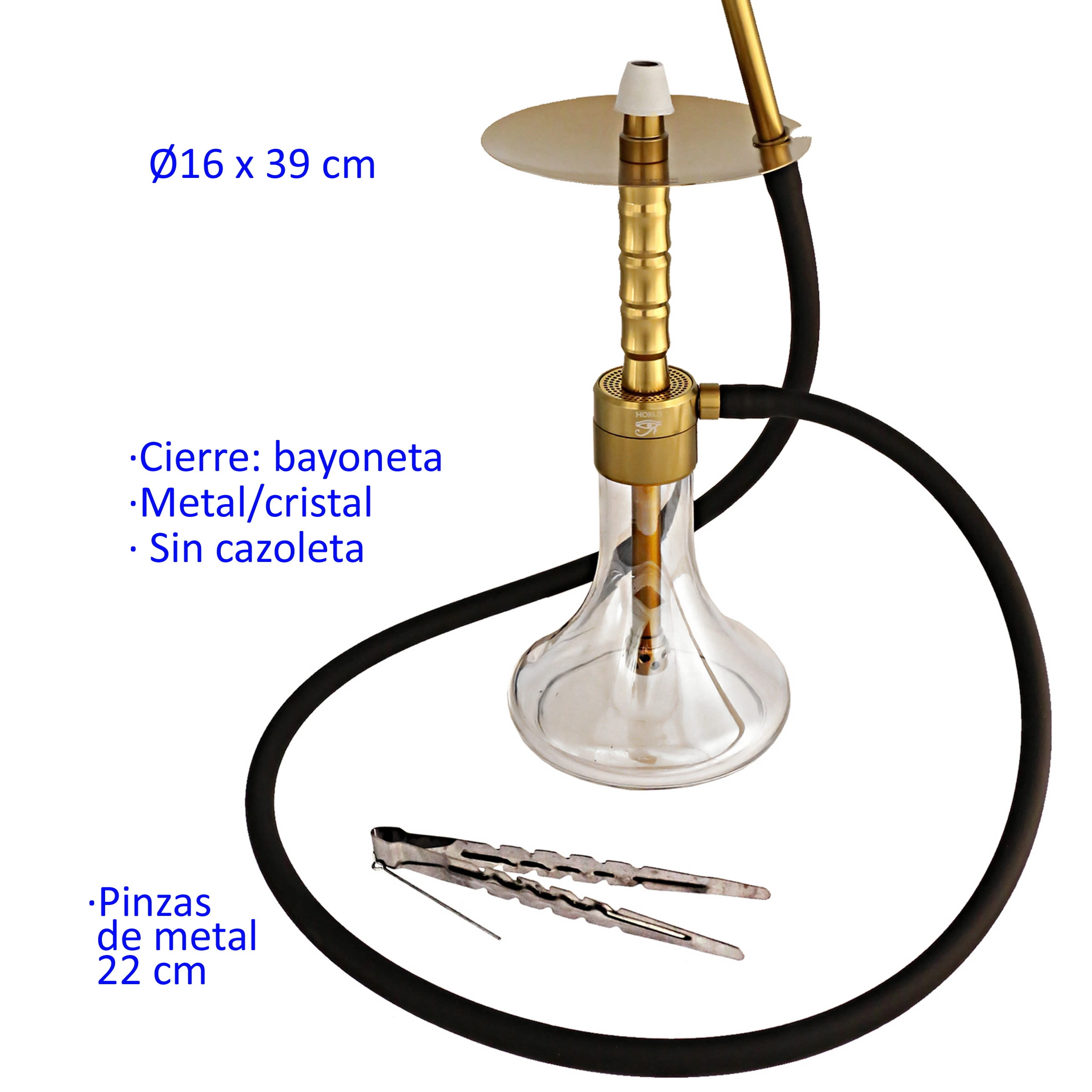 Shisha dorada con base de cristal transparente, plato superior, manguera negra y pinzas metálicas, presentada sin cazoleta.