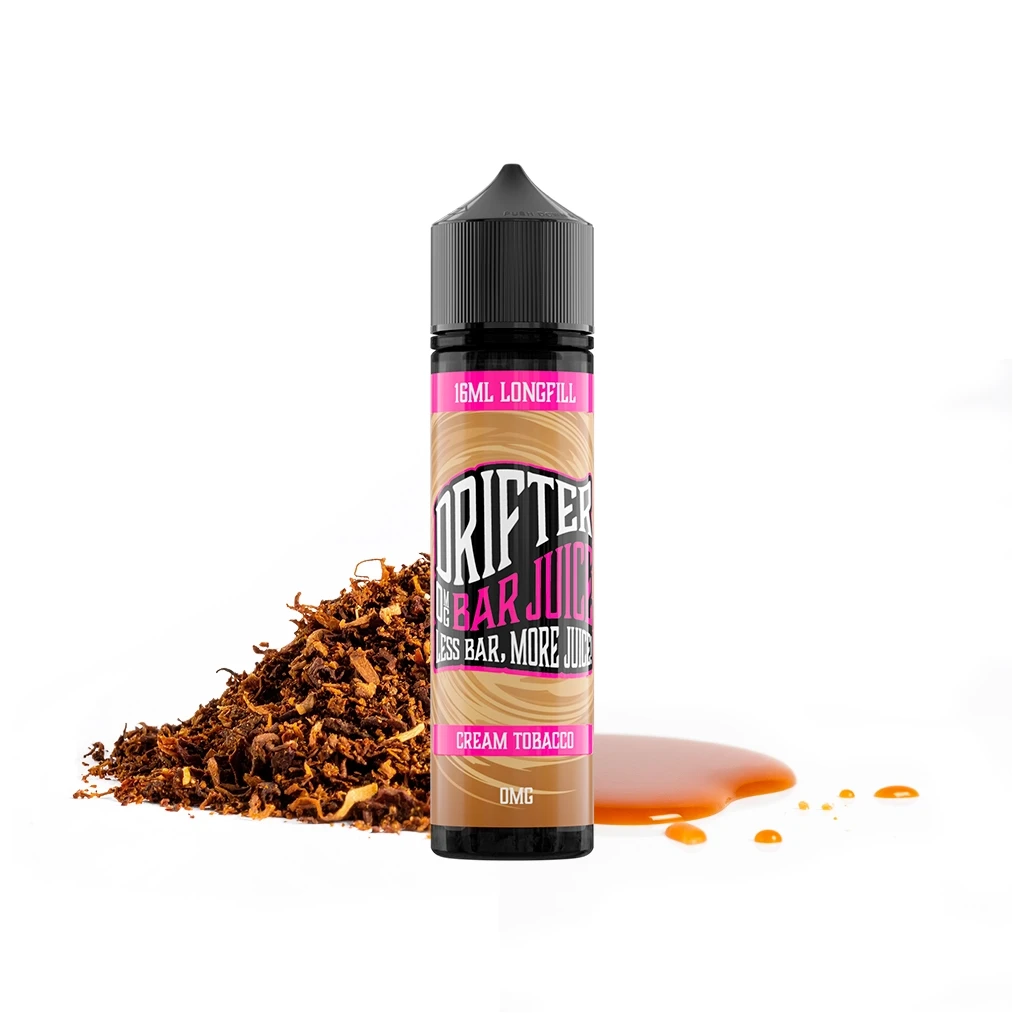 Frasco Drifter Bar Cream Tobacco Longfill con tapón negro y etiqueta rosa y beige, junto a tabaco picado y líquido ámbar.
