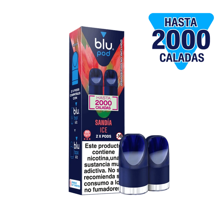 Dos pods azules Blu junto a su caja Sandía Ice de 20 mg/ml, con advertencia de nicotina, sobre fondo negro.