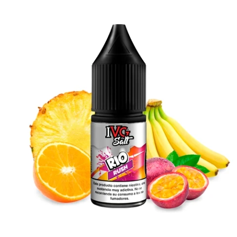 Frasco IVG Salt Rio Rush con tapón negro, rodeado de piña, naranja, plátanos y maracuyás sobre fondo blanco.