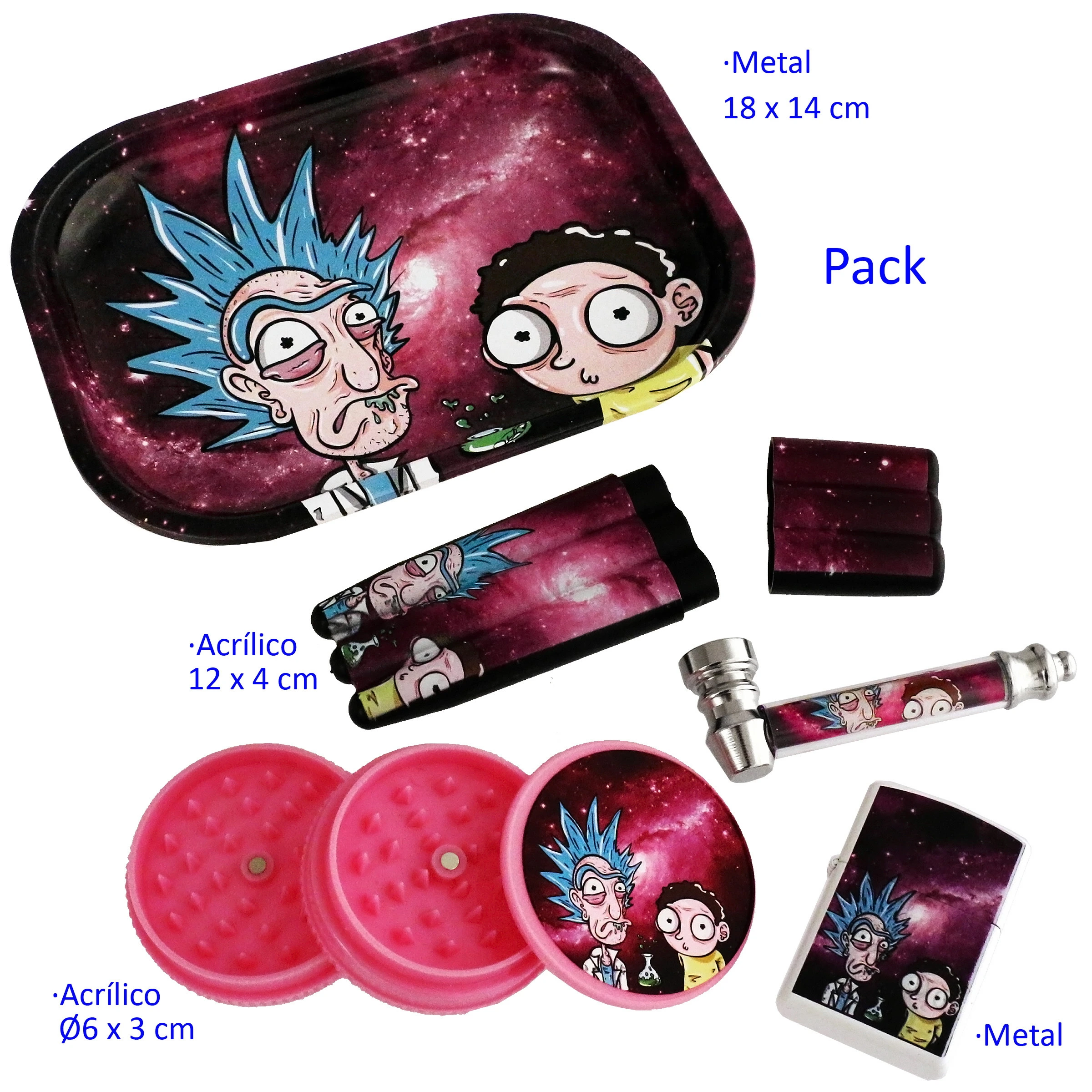 Accesorios con dibujos de Rick y Morty: bandeja, máquina de liar, pieza rectangular, pipa, grinder rosa abierto y encendedor.