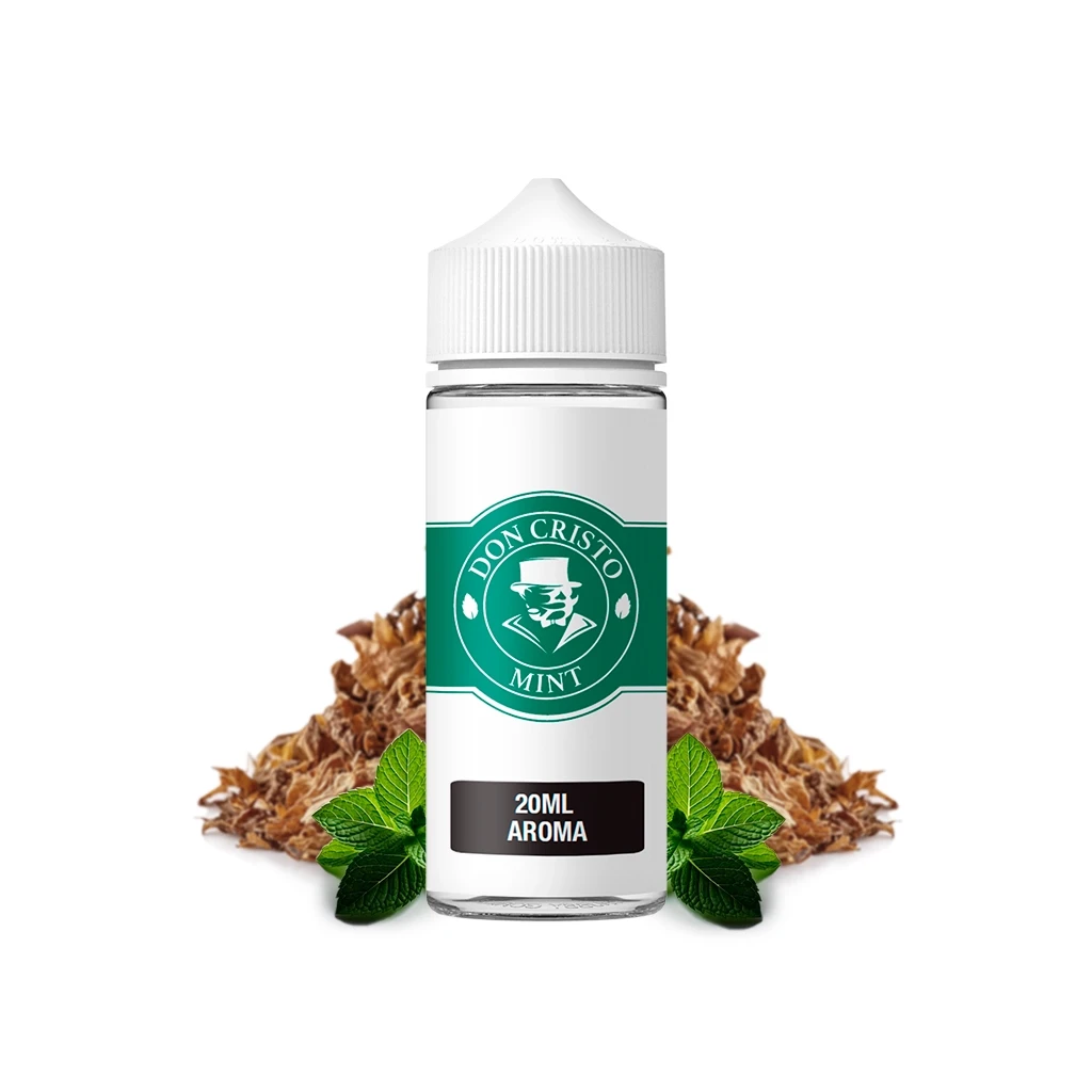 Frasco Don Cristo Mint con tapón blanco y etiqueta verde de 20 ml de aroma, acompañado de hojas de menta y tabaco.