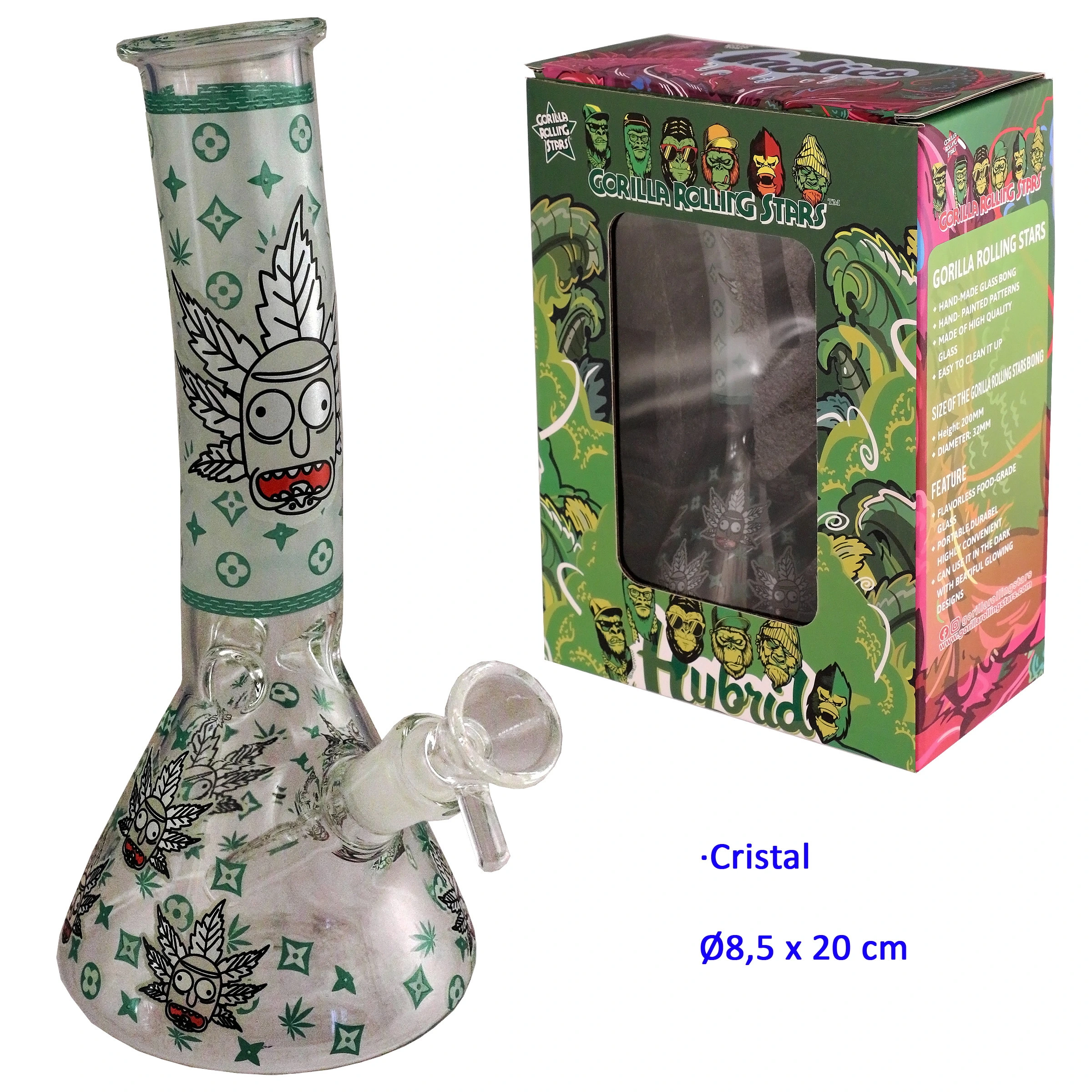 Bong de cristal transparente con base ancha, cazoleta lateral y dibujos verdes de hojas y personajes, junto a su caja decorada.