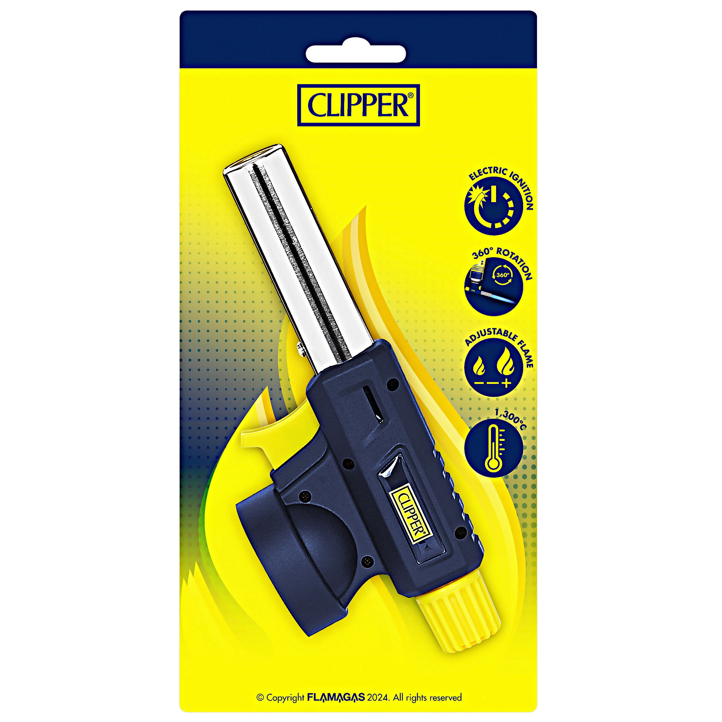 Adaptador soplete Clipper con cuerpo azul, tubo plateado y mando amarillo, presentado en un blíster amarillo con iconos de sus funciones.
