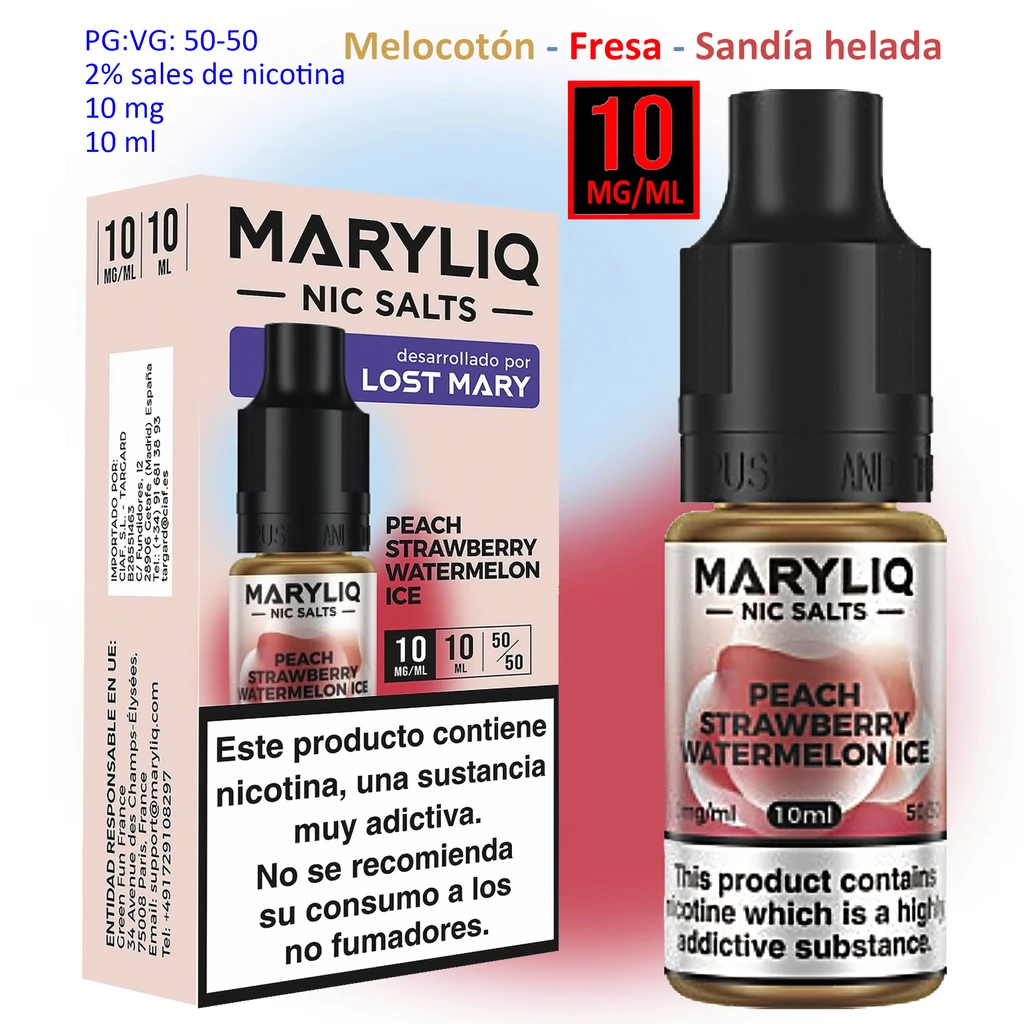 Caja y frasco MARYLIQ Peach Strawberry Watermelon Ice de 10 mg/ml, con tapón negro y advertencias sobre la nicotina.
