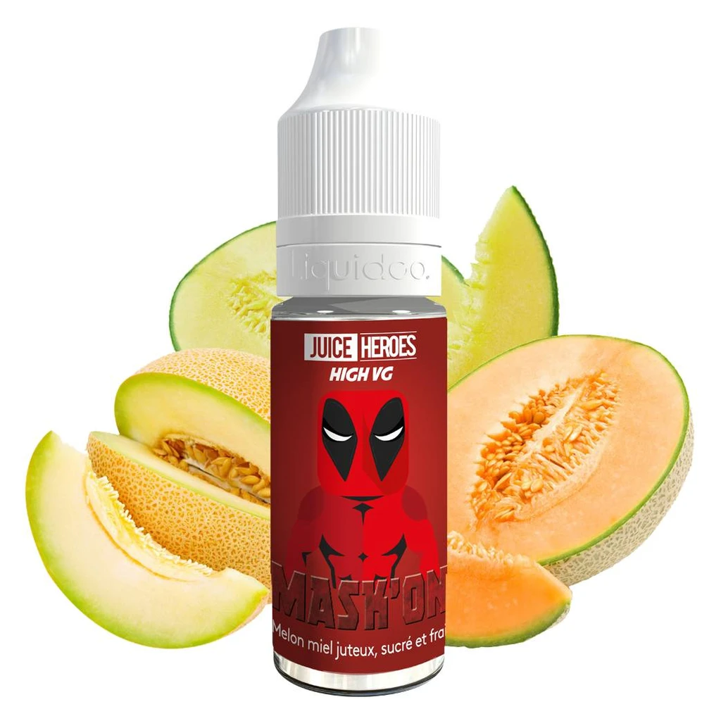 Frasco de líquido de vapeo MASK ON con tapón blanco y etiqueta roja, rodeado de mitades y rodajas de melón.