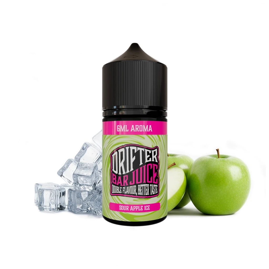 Frasco Drifter Bar Juice Sour Apple Ice con tapón negro y etiqueta verde y rosa, junto a manzanas verdes y cubitos de hielo.