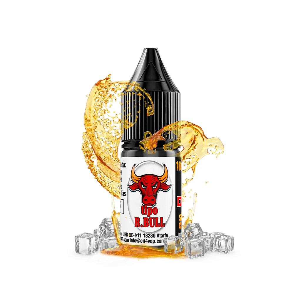 Frasco de Oil4Vap Aroma Tipo R Bull con tapón negro y un toro rojo en la etiqueta, rodeado de una salpicadura dorada y cubitos de hielo.