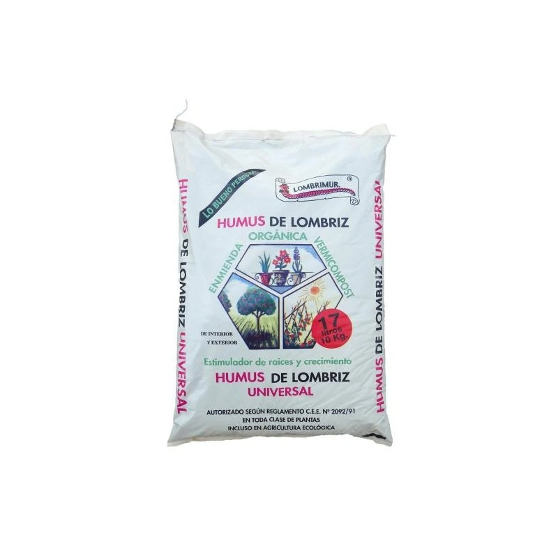 Saco blanco de humus de lombriz Lombrimur, con ilustraciones de plantas y etiqueta roja de 17 litros y 10 kg, sobre fondo blanco. Saco blanco de humus de lombriz Lombrimur, con ilustraciones de plantas y etiqueta roja de 17 litros y 10 kg, sobre fondo blanco.
