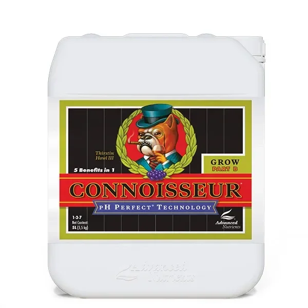 Garrafa blanca de pH Perfect Connoisseur Grow B de Advanced Nutrients, con etiqueta roja y negra y un bulldog con sombrero.