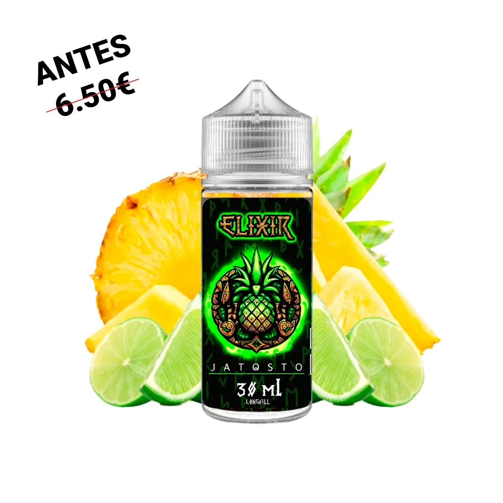 Frasco de Jatosto Elixir Longfill de 30 ml con etiqueta negra y verde, rodeado de trozos de piña y mitades de lima.