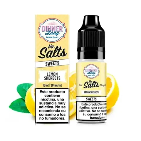 Bote y caja amarilla de Dinner Lady Lemon Sherbets Nic Salt, con indicación de 10 ml y 20 mg/ml, junto a limones y hojas verdes.