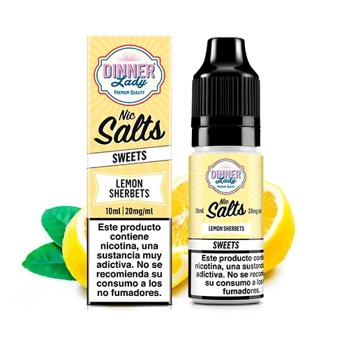 Bote y caja amarilla de Dinner Lady Lemon Sherbets Nic Salt, con indicación de 10 ml y 20 mg/ml, junto a limones y hojas verdes.