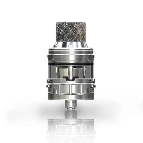 Atomizador Eleaf ELLO Duro plateado, con depósito transparente y boquilla oscura de dibujo veteado, sobre fondo blanco.