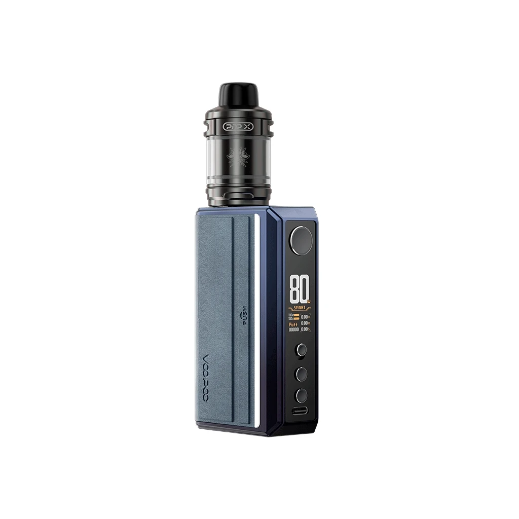 Voopoo Drag 5 Kit azul y negro con atomizador superior, pantalla que muestra 80, botón circular y controles frontales. Voopoo Drag 5 Kit azul y negro con atomizador superior, pantalla que muestra 80, botón circular y controles frontales.