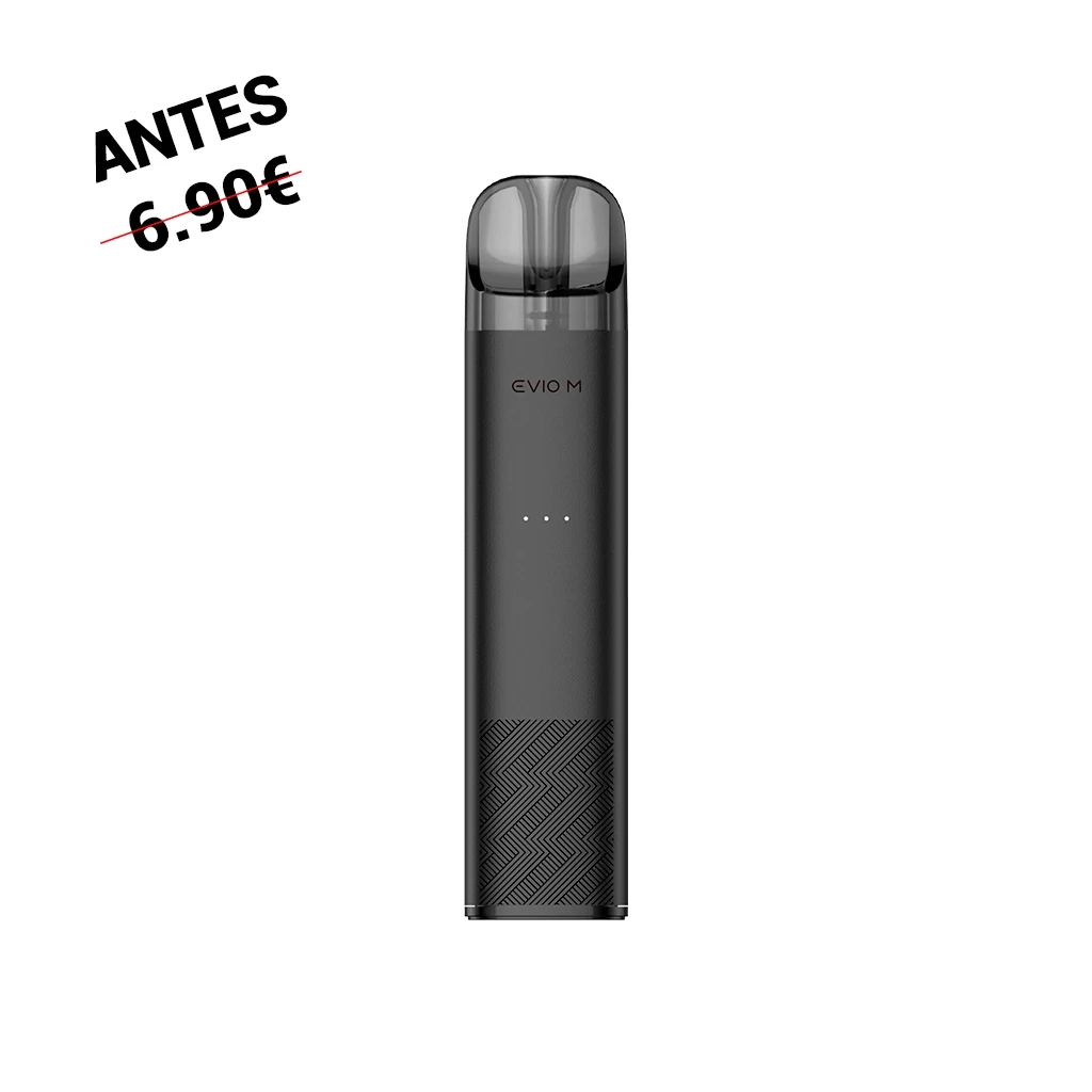 Joyetech Evio M negro en vista frontal, con boquilla oscura translúcida, tres puntos luminosos y patrón geométrico en la parte inferior.