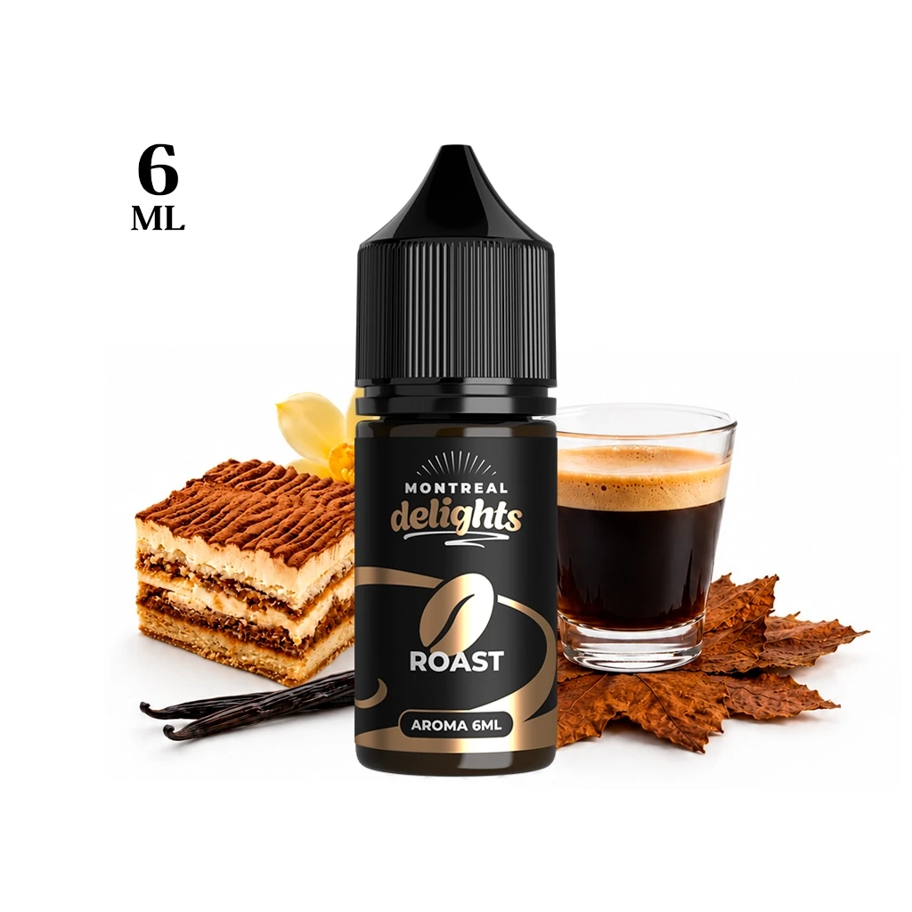 Frasco negro Montreal Delights Roast con etiqueta «Aroma 6 ml», rodeado de café, postre en capas, vainas de vainilla y hojas secas.