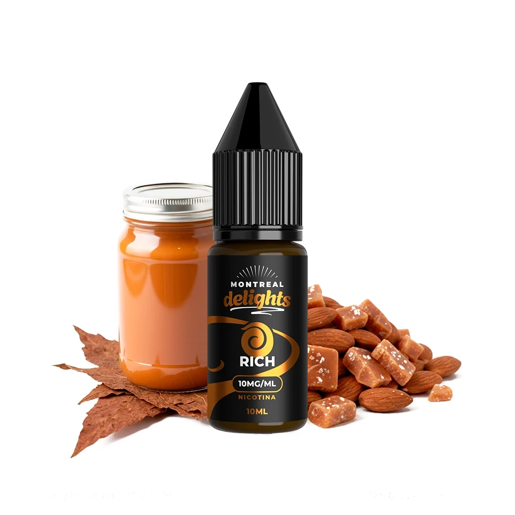 Frasco Montreal Delights Rich de 10 ml y 10 mg/ml, con tapón negro, junto a un tarro de contenido anaranjado, almendras, caramelos y hojas secas.