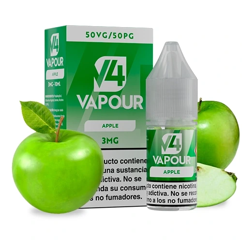 Frasco V4 Vapour Apple con tapón gris junto a su caja verde, con las indicaciones 50VG/50PG y 3MG, rodeado de manzanas verdes.