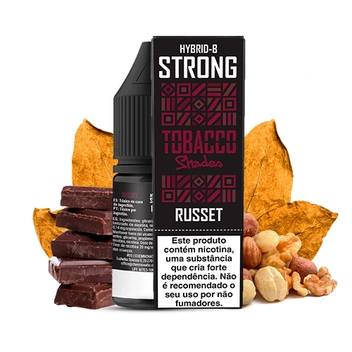 Frasco y caja negra Tobacco Shades Russet, con advertencia sobre nicotina, junto a hojas secas, chocolate y frutos secos.