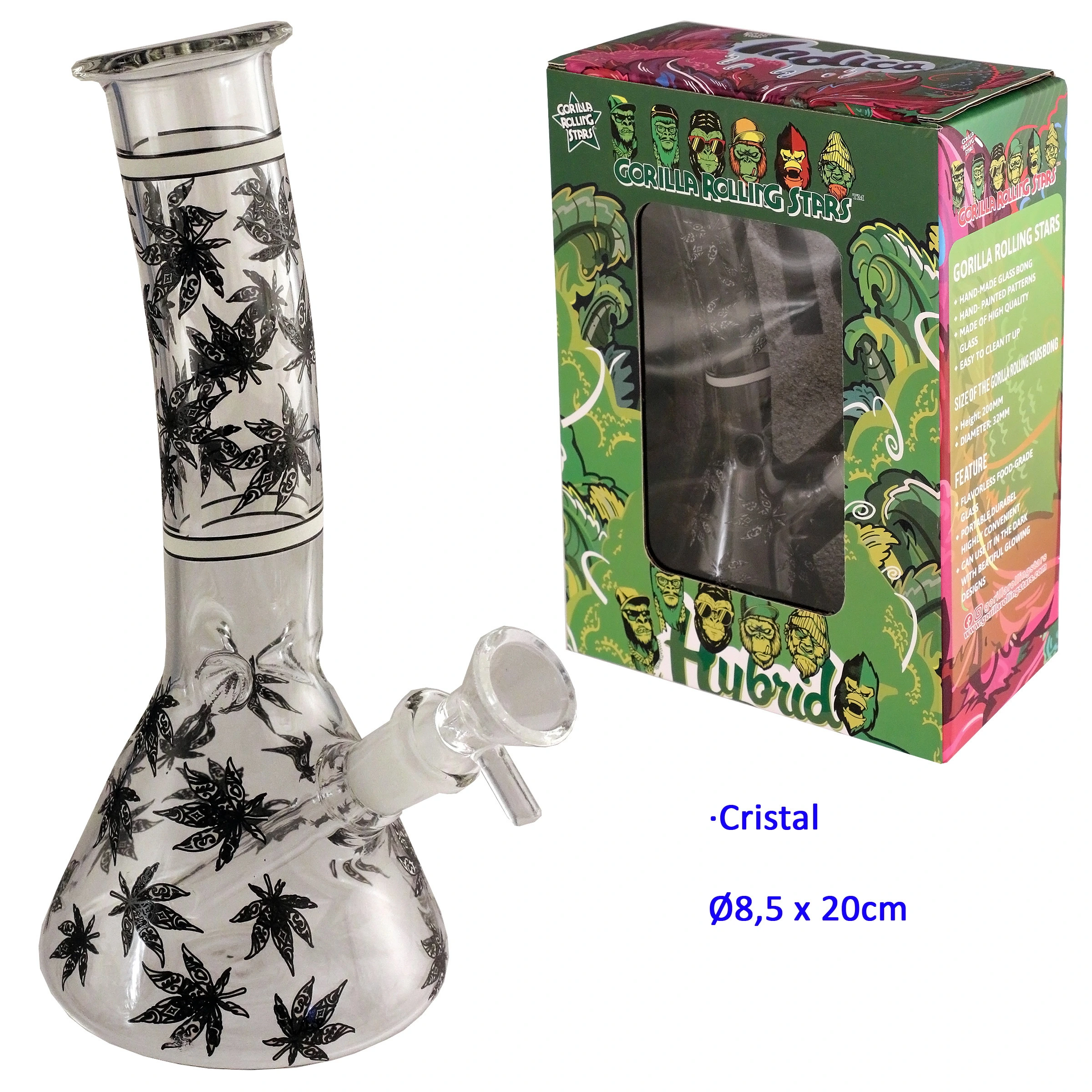 Bong de cristal transparente Hybrid con hojas negras, base ancha y cazoleta lateral, junto a su caja verde Gorilla Rolling Stars.