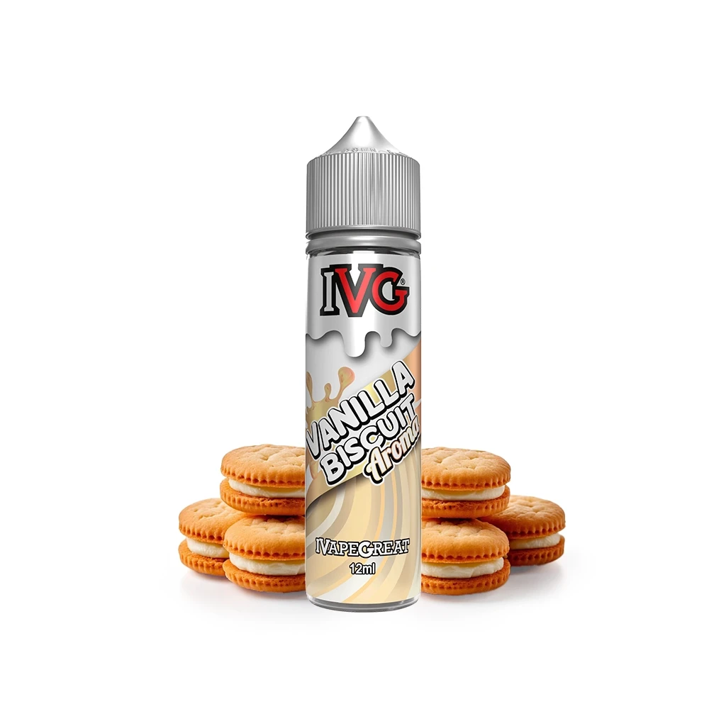 Frasco IVG Vanilla Biscuit con tapón gris y etiqueta crema que indica 12 ml, delante de galletas rellenas.